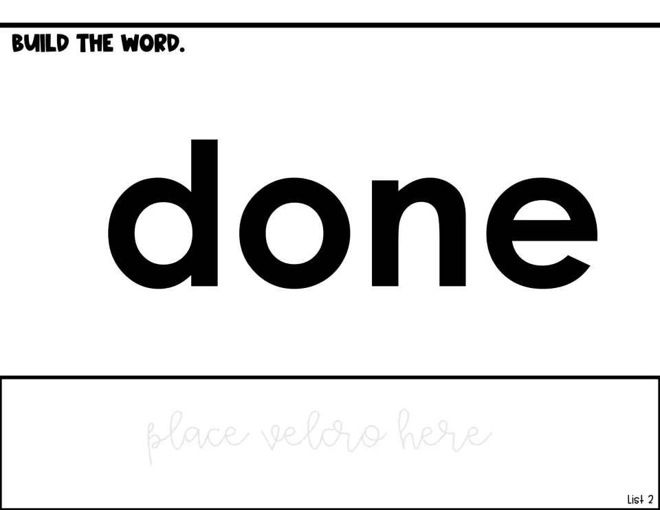Word-building activity for done, showing the word model and a direction to place Velcro for adapted practice