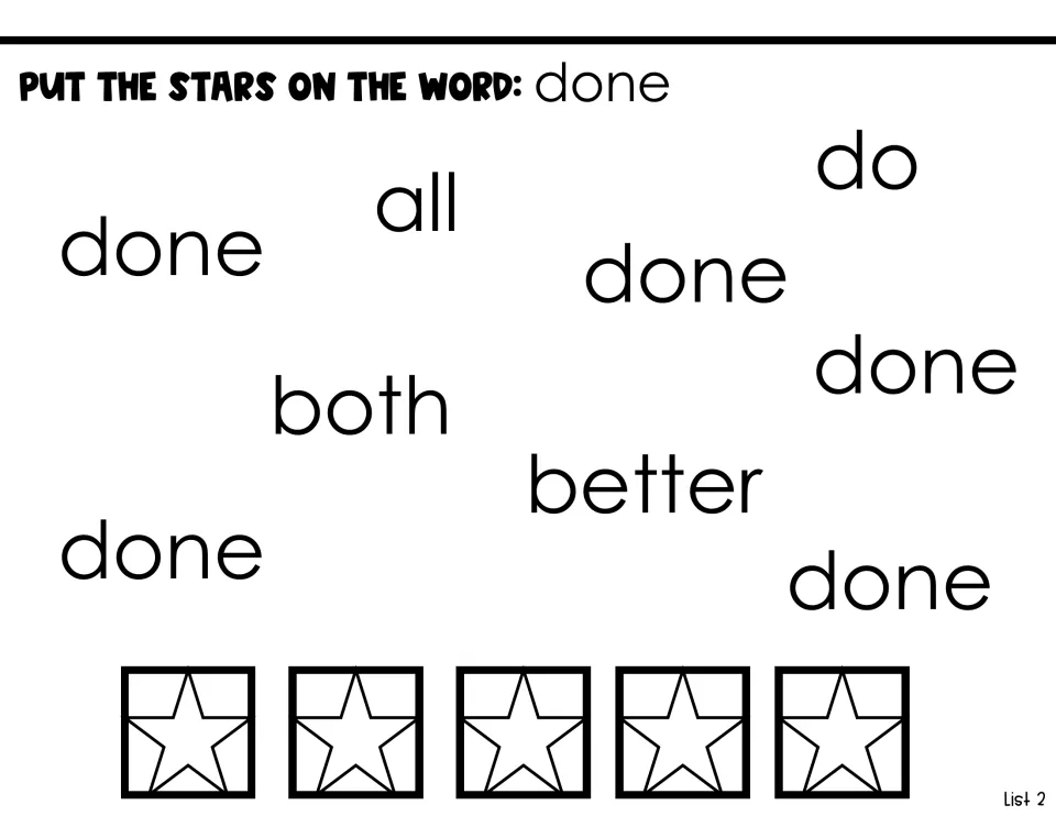 Word-identification activity for done: place five stars on done among the words all, do, both, and better