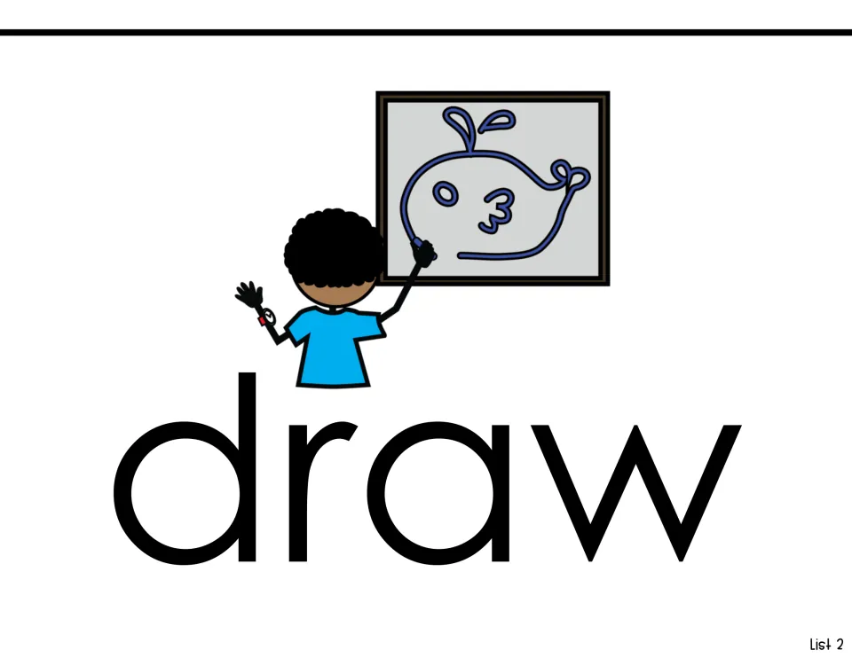 Sight-word introduction for draw, pairing the printed word with a child drawing a whale for List 2 practice