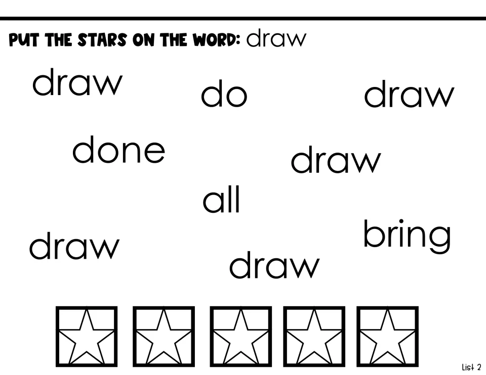 Word-identification activity for draw: place five stars on draw among the words do, done, all, and bring