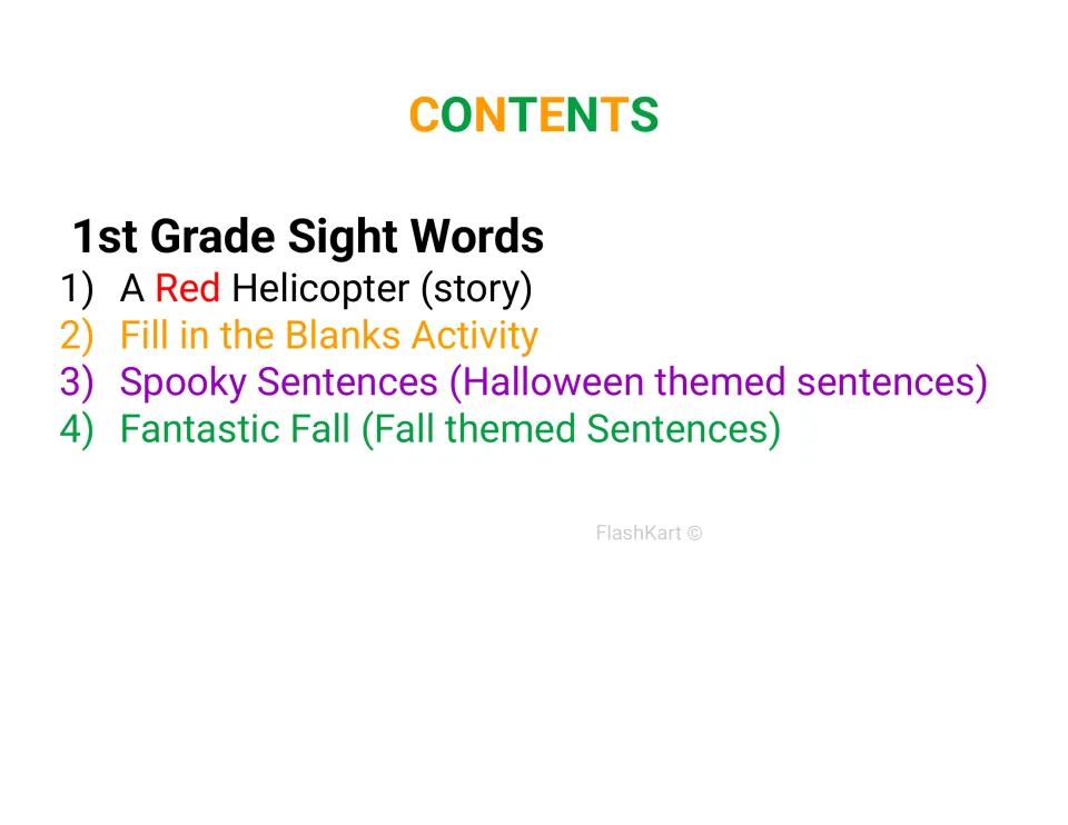 Contents list for 1st grade sight words: A Red Helicopter story, fill in the blanks, Spooky Sentences and Fantastic Fall