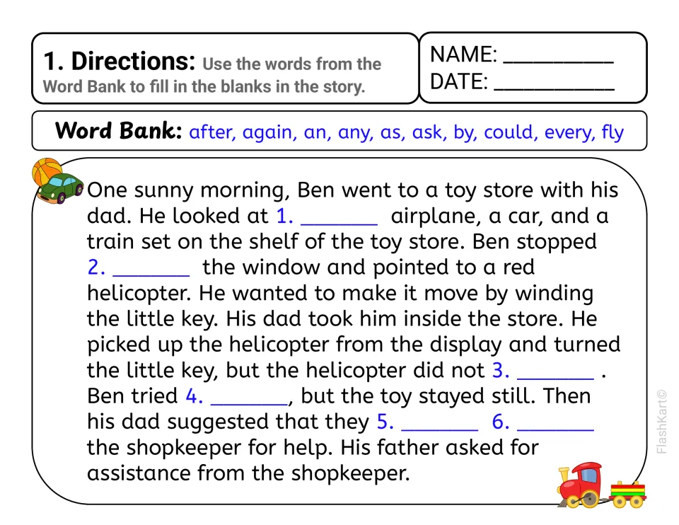 Red helicopter story, part 1: students fill blanks 1-6 in Ben's toy store visit using words such as an, by, fly and again