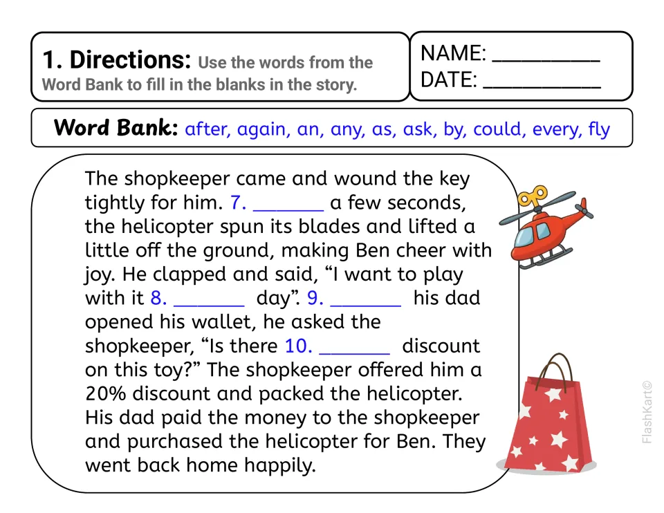 Red helicopter story, part 2: students complete blanks 7-10 as the shopkeeper winds the toy, using after, every, as and any