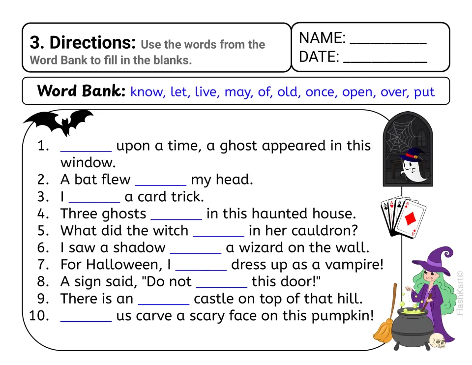 Halloween sight word sentences: students fill 10 blanks about ghosts, a bat and a witch using know, let, live, once, open