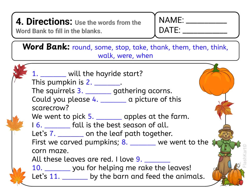 Fall sight word sentences: students fill 11 blanks about pumpkins, a hayride and raking leaves using round, take, then, walk