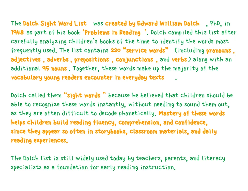 Background on the Dolch Sight Word List: created by Edward William Dolch in 1948, with 220 service words and 95 nouns
