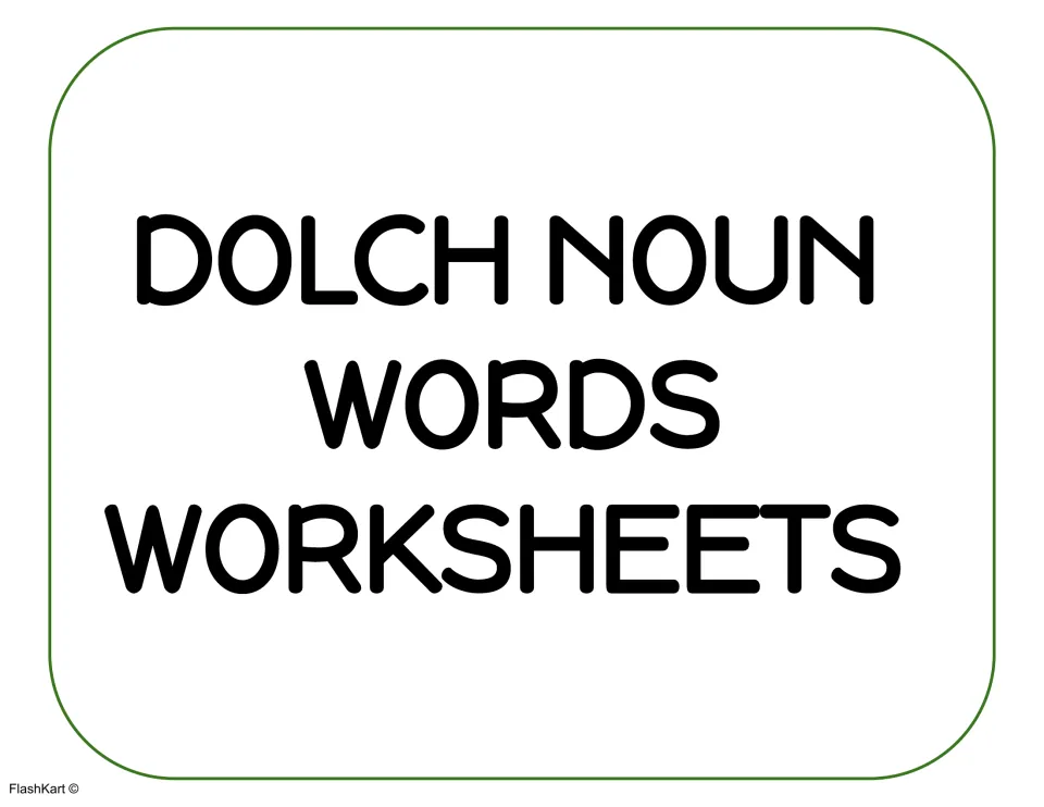 Title page reading Dolch Noun Words Worksheets, introducing the noun coloring, vowel and tracing pages that follow