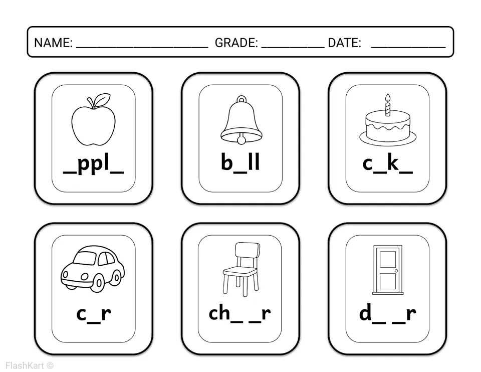 Missing vowels in nouns: students color pictures and complete apple, bell, cake, car, chair and door by adding vowels