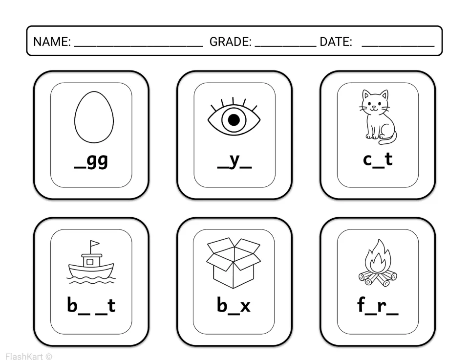 Missing vowels in nouns: students color and fill in the vowels for egg, eye, cat, boat, box and fire under each picture