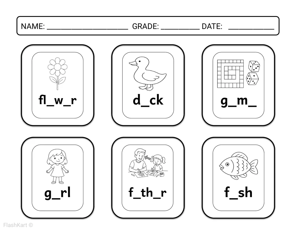 Missing vowels in nouns: students color and complete flower, duck, game, girl, father and fish with the correct vowels