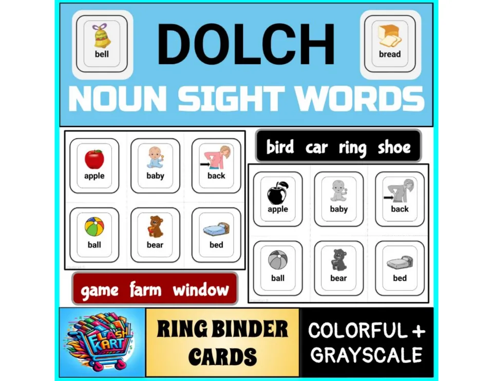 Dolch noun sight words cover: picture cards such as apple, baby and bed in color and grayscale ring binder sets