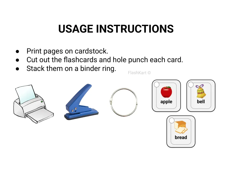 Usage instructions: print on cardstock, cut out and hole punch each flashcard, then stack the cards on a binder ring