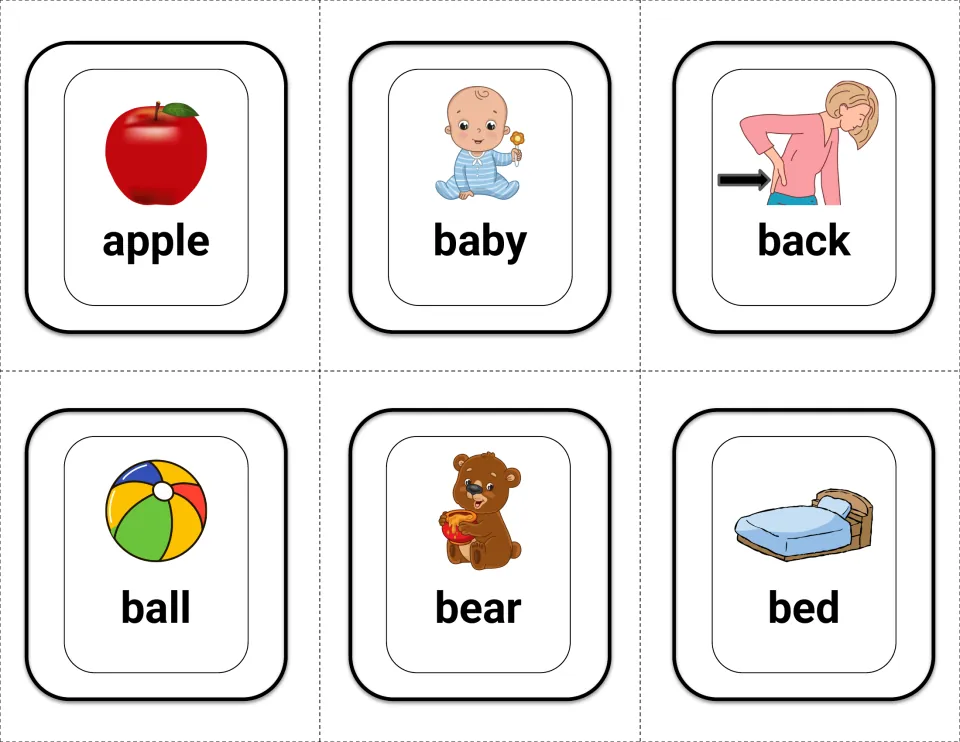 Sight word flashcards for apple, baby, back, ball, bear and bed, each word printed under a matching picture to read