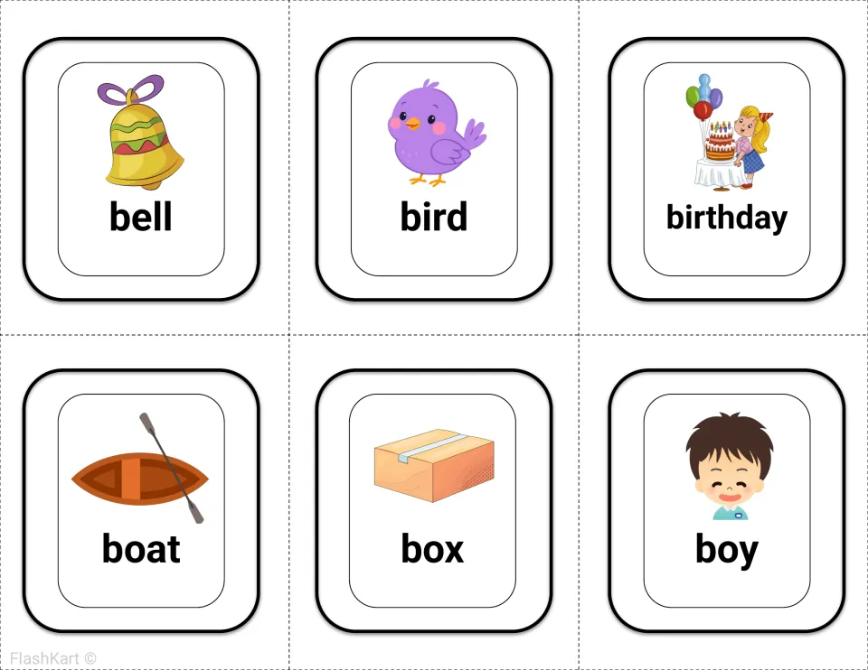 Sight word flashcards for bell, bird, birthday, boat, box and boy, each noun shown with a picture for word recognition