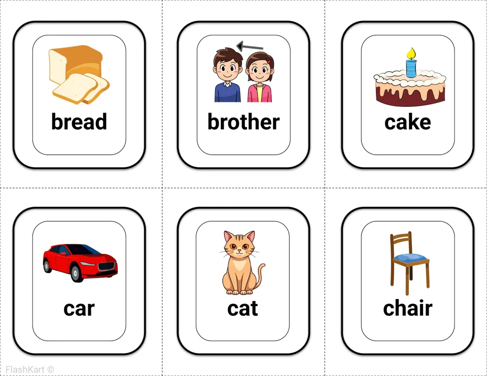 Noun flashcards for bread, brother, cake, car, cat and chair, each word paired with a picture to practise reading it