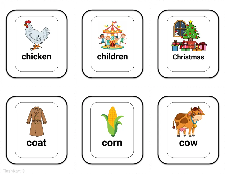 Noun flashcards for chicken, children, Christmas, coat, corn and cow, with a picture above each word for reading