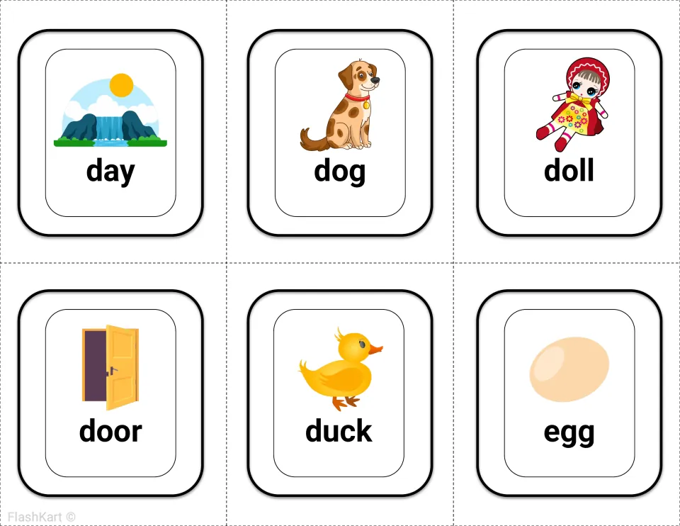 Picture word flashcards for day, dog, doll, door, duck and egg, so students can read each noun with a visual cue