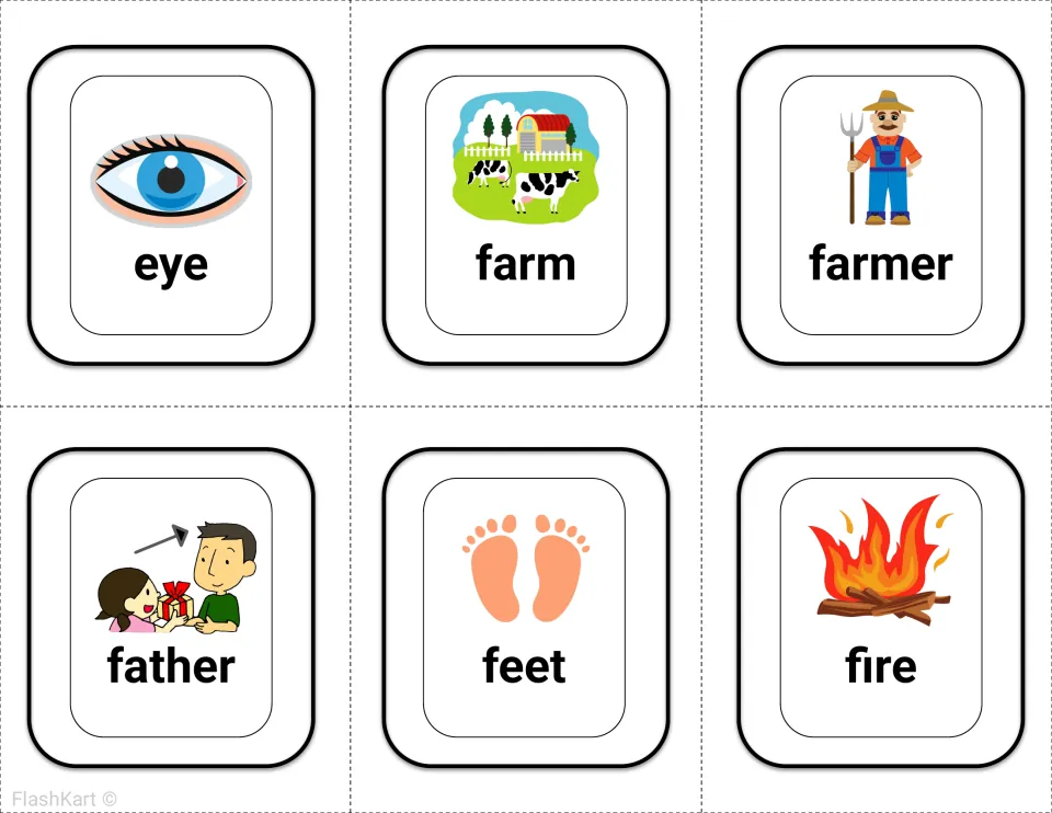 Picture word flashcards for eye, farm, farmer, father, feet and fire, pairing each noun with an image for sight reading