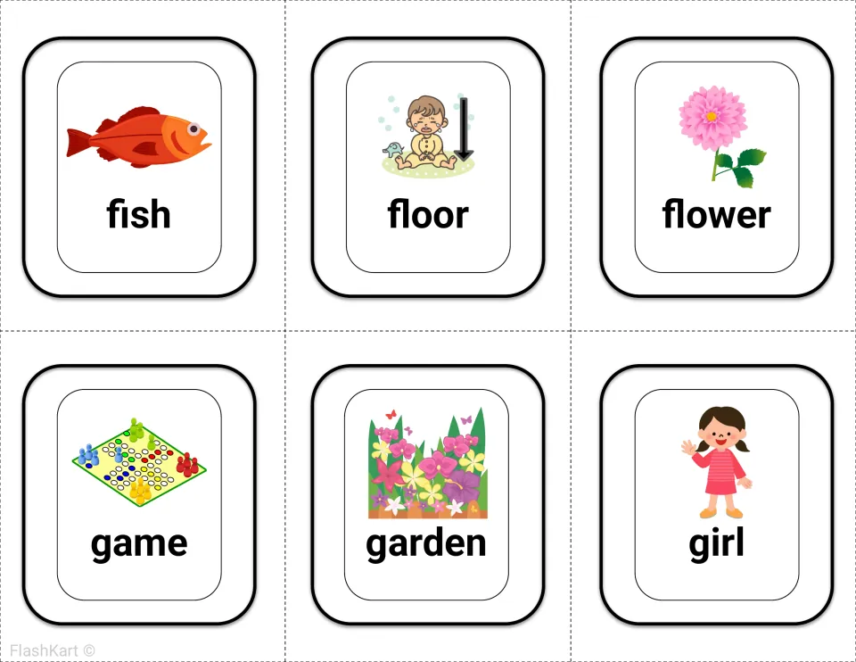 Flashcards for fish, floor, flower, game, garden and girl, each word under a picture for sight word recognition