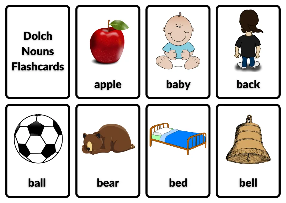 Dolch Nouns Flashcards title card plus picture-word cards for apple, baby, back, ball, bear, bed and bell