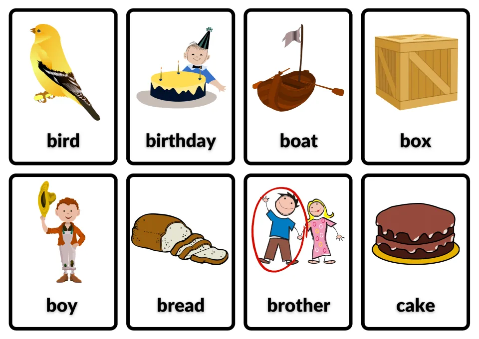 Sight-word noun cards pairing each picture with its word: bird, birthday, boat, box, boy, bread, brother and cake
