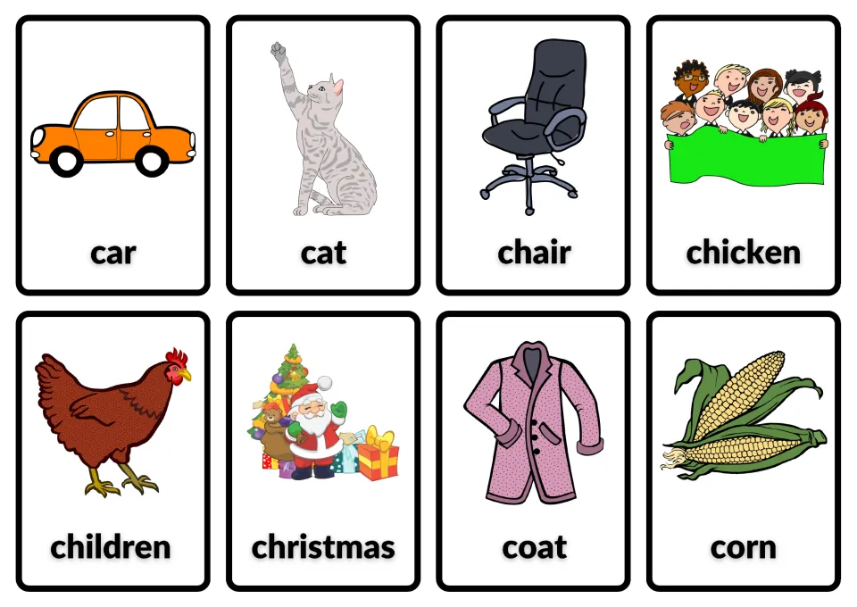 Picture noun cards for car, cat, chair, chicken, children, christmas, coat and corn; chicken and children art is swapped
