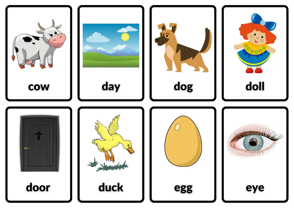 Dolch noun picture cards for vocabulary review: cow, day, dog, doll, door, duck, egg and eye, each with clip art