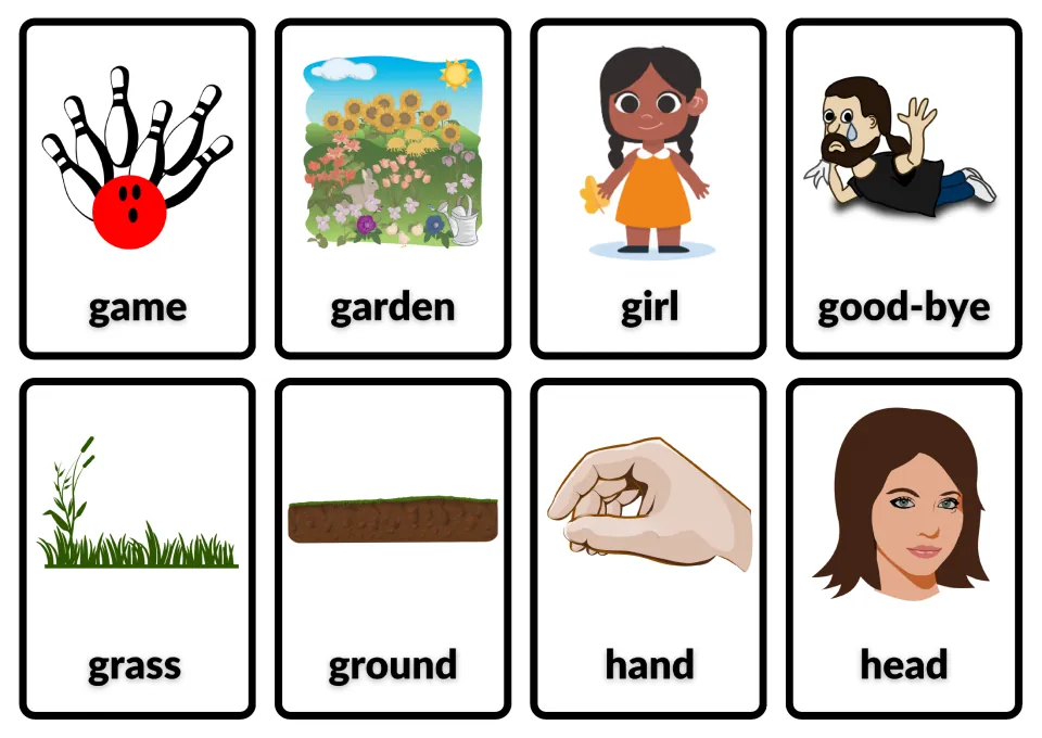 Sight-word noun cards with pictures for game, garden, girl, good-bye, grass, ground, hand and head