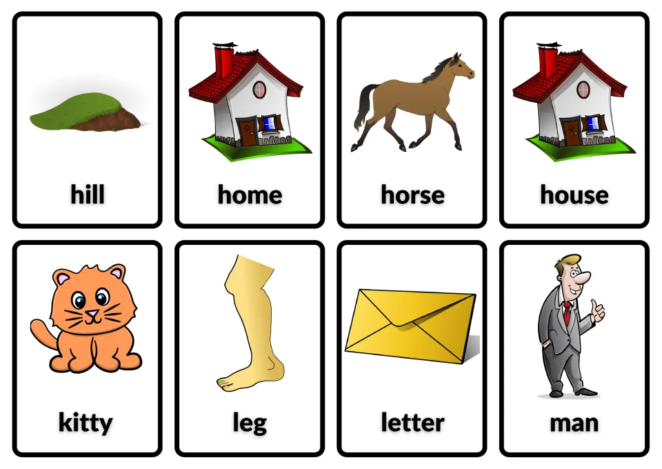 Picture-word noun cards for reading practice: hill, home, horse, house, kitty, leg, letter and man