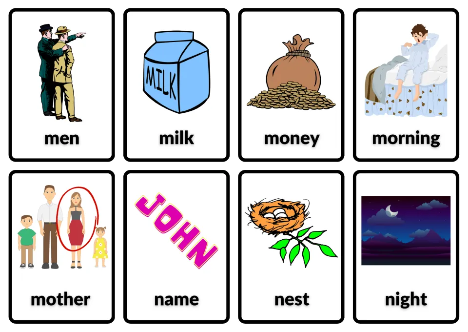 Dolch noun cards with picture cues for men, milk, money, morning, mother, name, nest and night