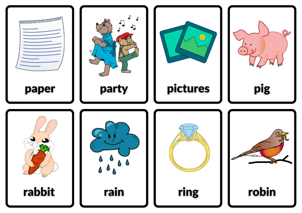 Noun sight-word cards pairing words and pictures: paper, party, pictures, pig, rabbit, rain, ring and robin