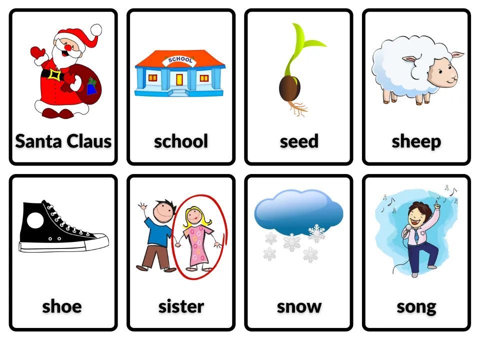 Picture noun cards for Santa Claus, school, seed, sheep, shoe, sister, snow and song, each word under its image
