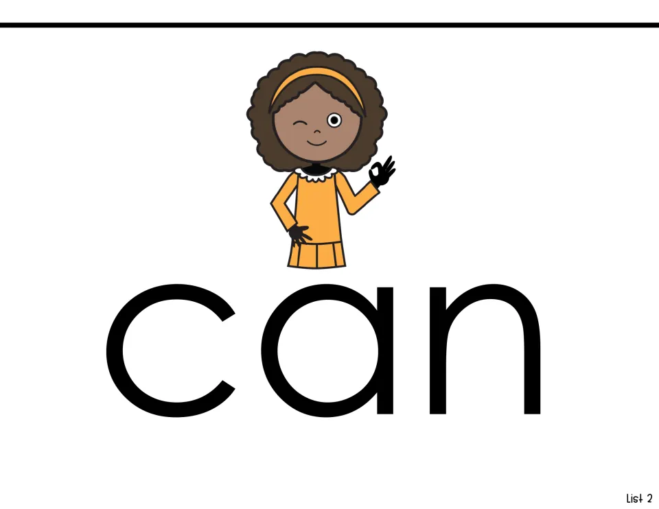Sight word can: the word shown in large print under a smiling girl giving an OK hand sign, for introducing the word