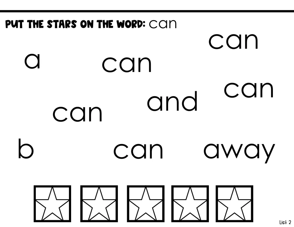 Find the word can: students place 5 stars on each 'can' among distractors a, b, and, away for sight word recognition
