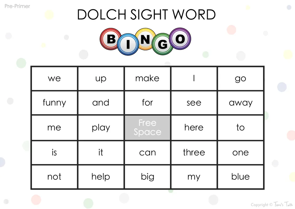 Pre-Primer Dolch sight word bingo card: students mark called words like we, up, make, I, go, funny, away and blue