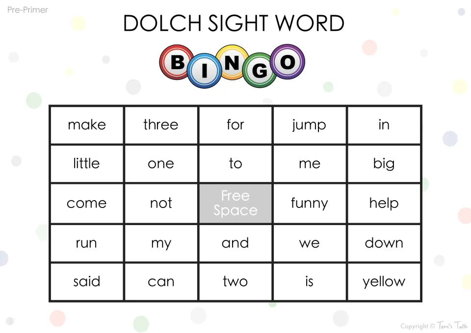 Dolch sight word bingo card: students find and cover called words such as make, three, jump, little, come and yellow