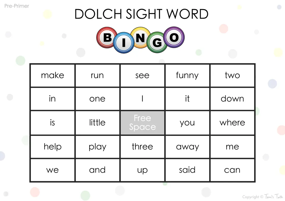 Sight word bingo card for reading pre-primer words: run, see, funny, two, little, where, away, said and can