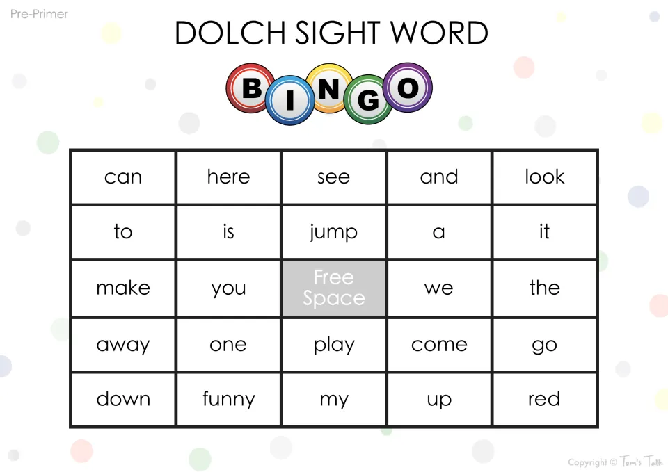 Pre-primer sight word bingo: students mark can, here, look, jump, the, come and red as each word is read aloud