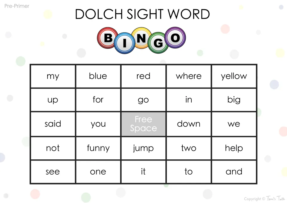 Sight word bingo mixing color words red, blue and yellow with my, where, said, help and go; students mark words called