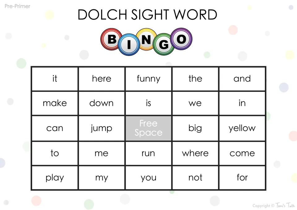 Dolch sight word bingo card: students recognize and cover it, here, funny, the, and, where, come and play when called