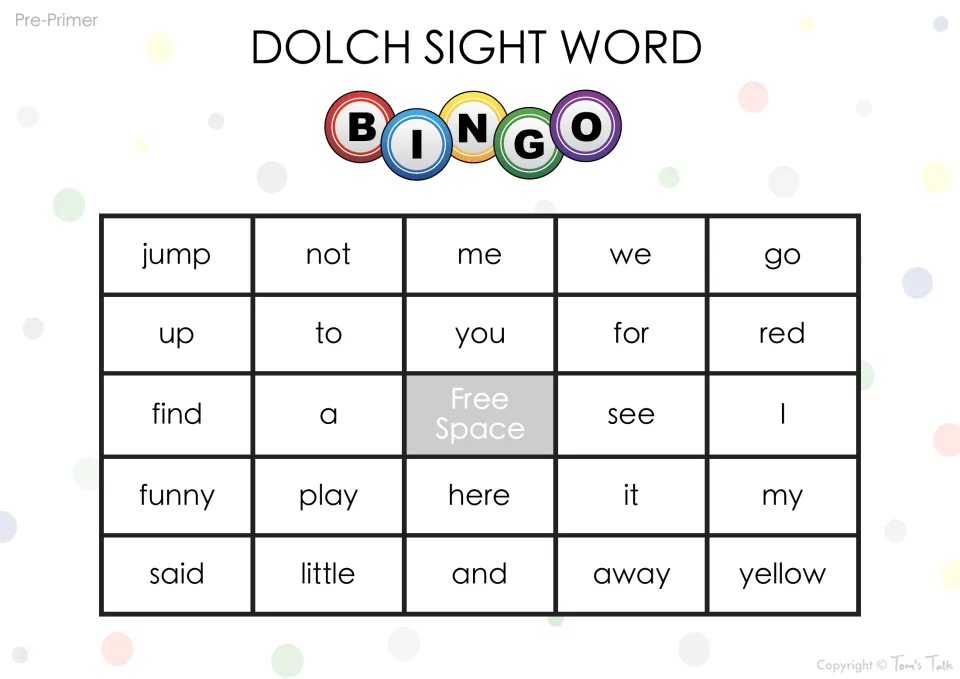 Sight word bingo card with pre-primer words jump, not, me, find, little, away and yellow for students to spot and mark