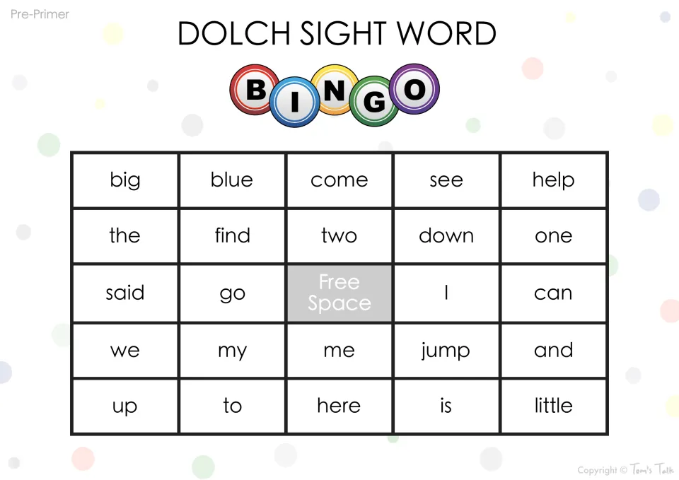 Dolch bingo card for sight word recognition: students mark big, blue, come, see, help, find, two, said and little