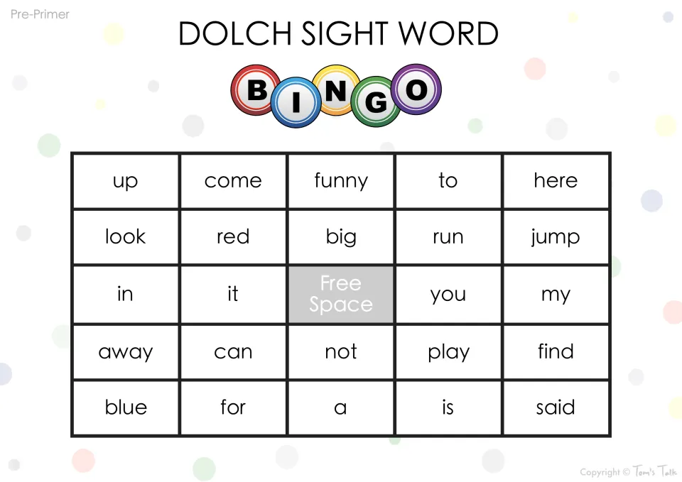 Pre-Primer sight word bingo card: students read and mark up, come, funny, to, here, look, red, run and said when called