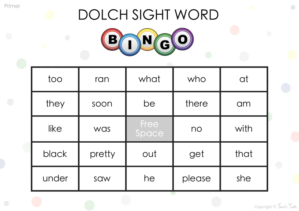 Dolch primer bingo card 1: students find and mark called sight words such as too, ran, what, who, they, soon and please