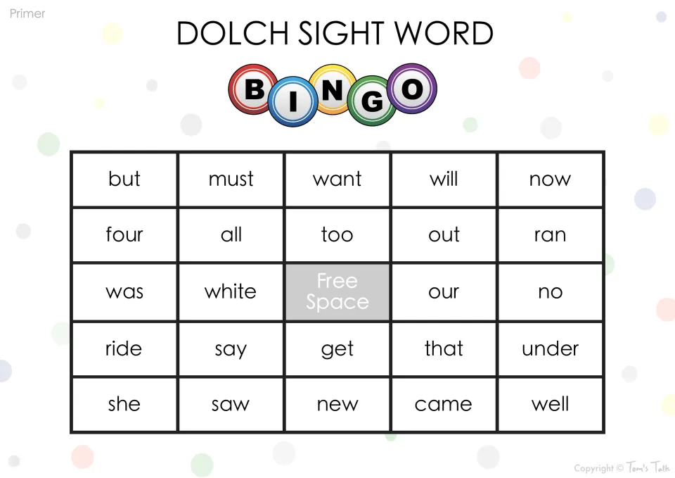 Primer sight word bingo card with but, must, want, will, now, four, white and ride; players cover each word as it is read