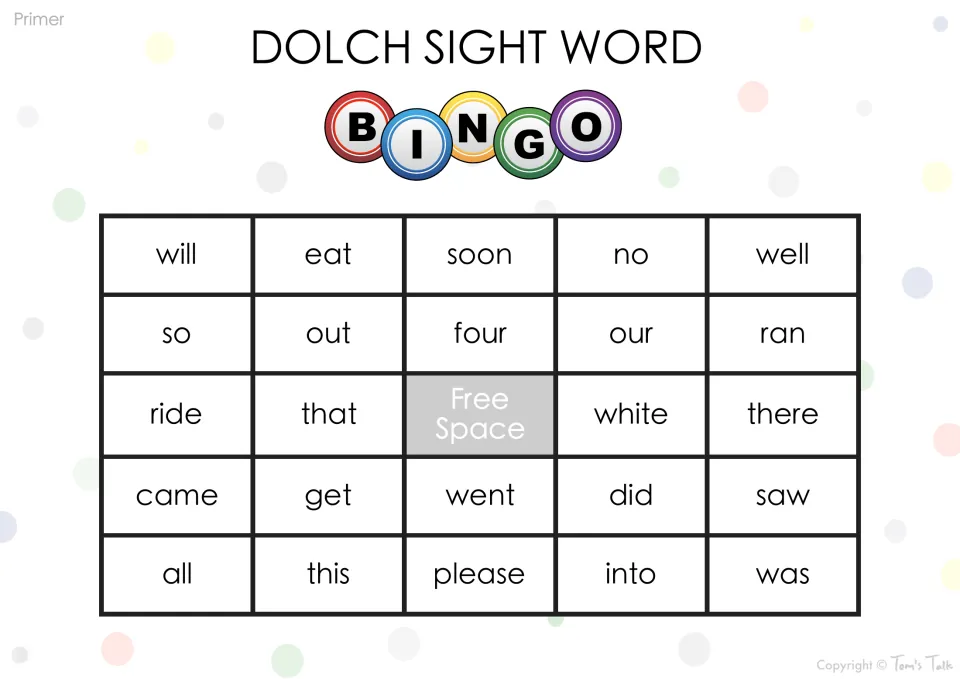Sight word bingo card (Primer list): children listen and mark will, eat, soon, so, four, went, did, into and other words