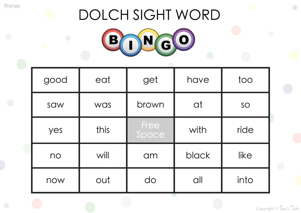 Dolch Primer BINGO card with good, eat, get, have, too, brown, yes and do: students read words as they are called