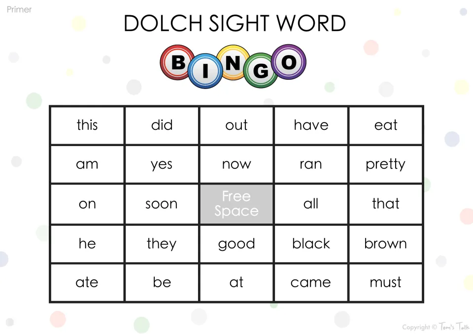 Primer sight word bingo board listing this, did, out, have, eat, pretty, ate and must; learners mark each match