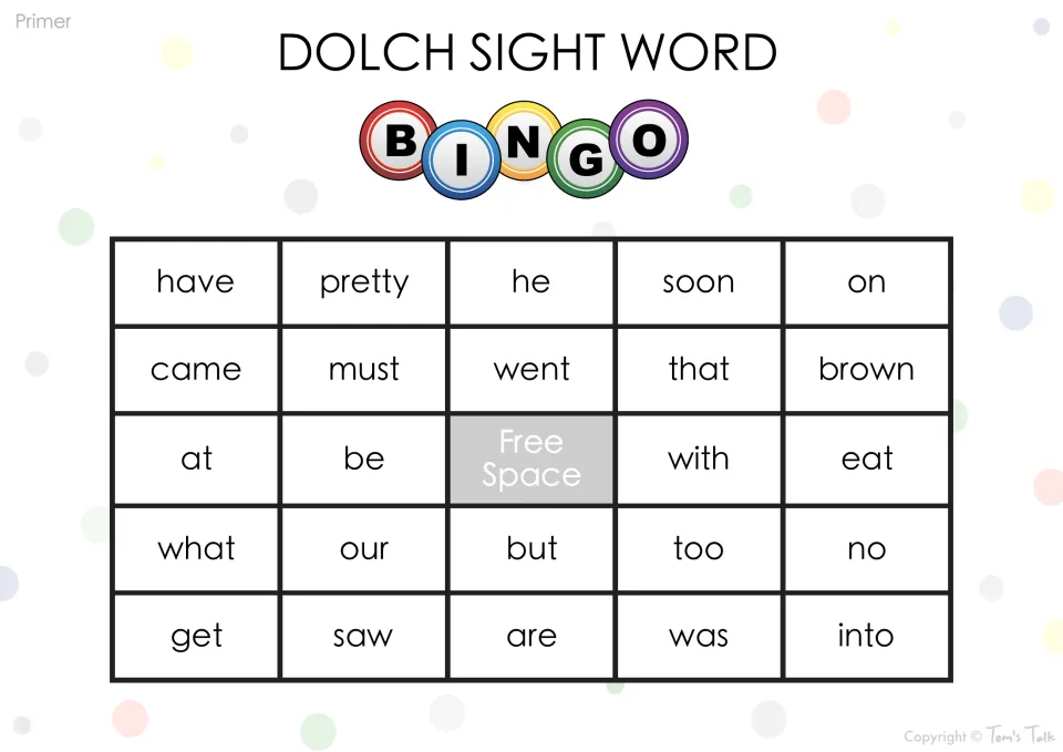 Bingo card of Dolch Primer words have, pretty, he, soon, on, went, our and are; students spot each word read aloud