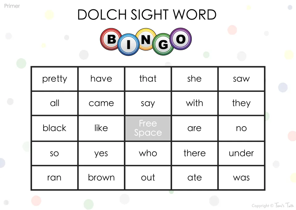 Primer-level sight word bingo with pretty, have, that, she, saw, say, who and under; players aim for five in a row